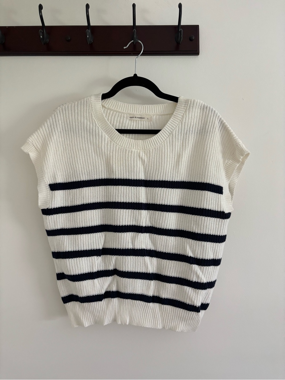 Striped Knit Cap-Sleeve Sweater Top in Ivory and Navy